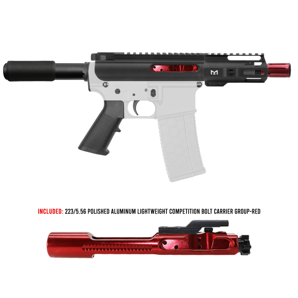 AR-15 5.56 NATO 5'' PISTOL KIT - FORGED UPPER WITH 4'' M LOK HANDGUARD- SLICK SLIDE-INCLUDEG RED BCG